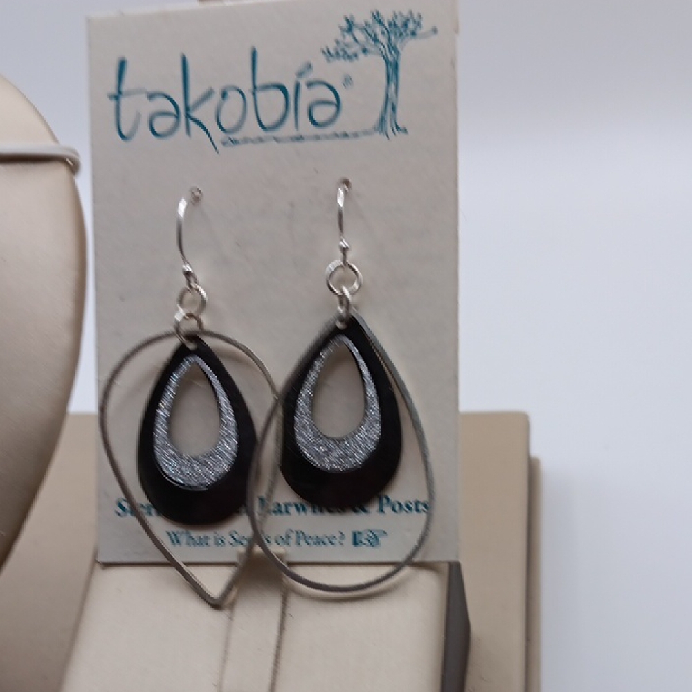 NWT Takobia Sterling Silver Earwires Black and Silver Layered Teardrop Earrings